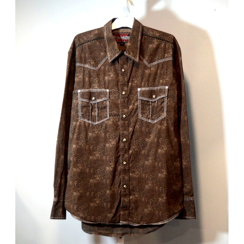 Rock & Roll Cowboy Size M Western Brown Paisley Pearl Snaps Top Stitching/Braid